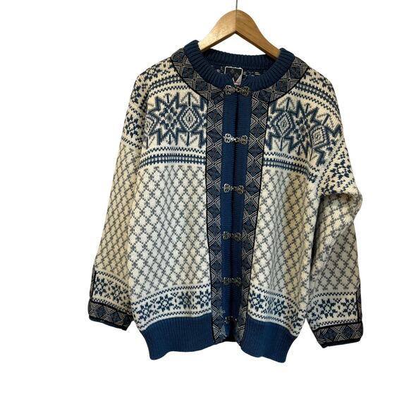 Dale of Norway Wool Sweater L Snowflake Nordic Cardigan Silver Clasps Vintage - Picture 1 of 9